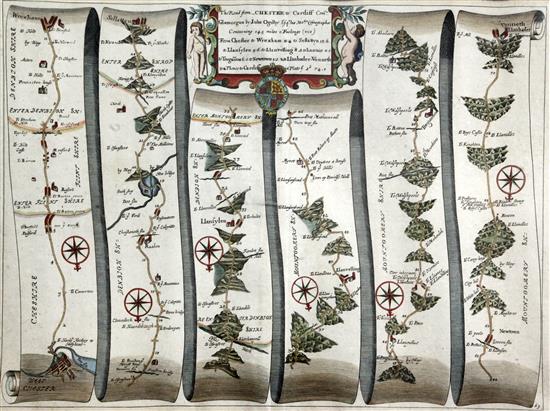 John Ogilby. The Road from Chester to Cardiff, a coloured engraved road map, 45 x 33cm